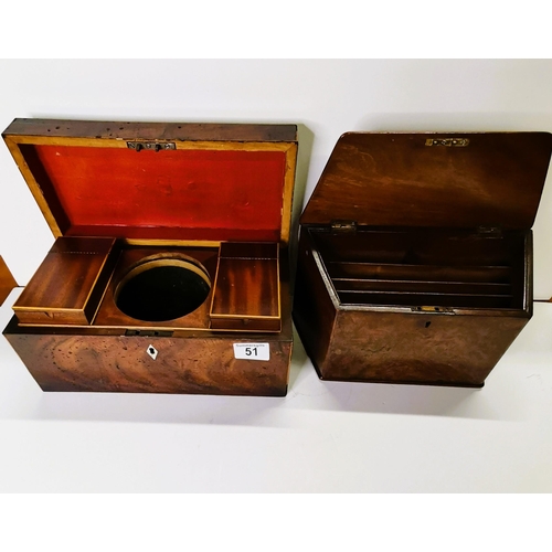 51 - Mahogany tea caddy with brass handle plus Walnut stationary box