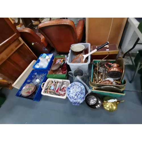 1351 - 6 x boxes misc items incl glasses, brass and copper ware, jugs, dolls etc