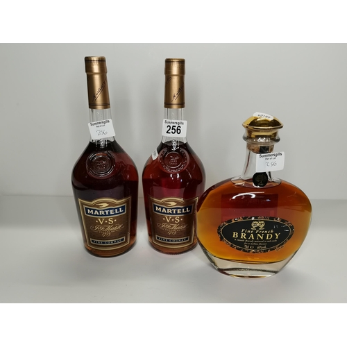 256 - x3 bottles of brandy. 2 Martell v.s 1litre and 1 Fine French Brandy 70cl