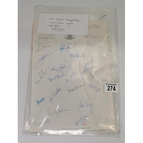 274 - Nottinghamshire CC 1981 Cricket Championship winning team signed letter head plus Guernsey stamps an... 