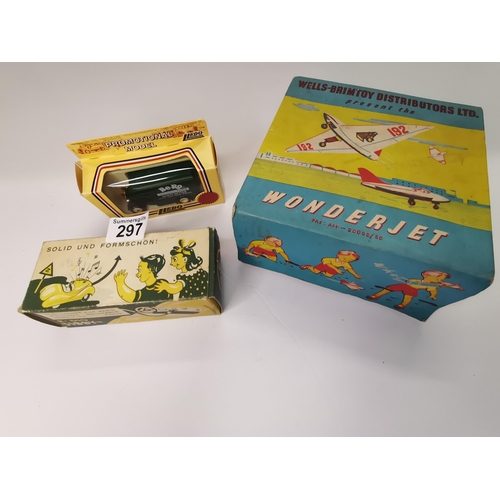 297 - Wonderjet in original box, Boxed Be-ro LLedo van and a radio Jibby car in original box