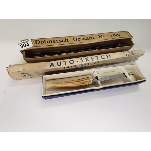 304 - Dolmetsch Descant Recorder in box, Auto-Sketch in original box plus Bone handled cheese knife