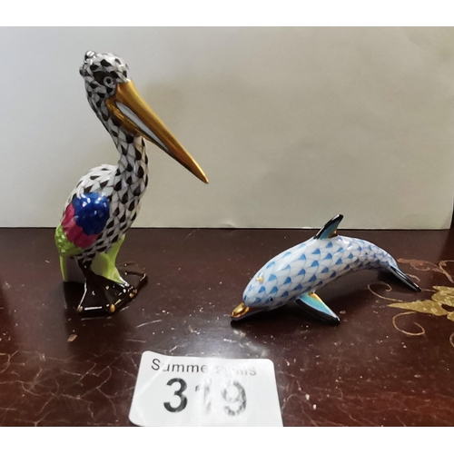 319 - 2 x Herend porcelain dolphin and stork ex condition