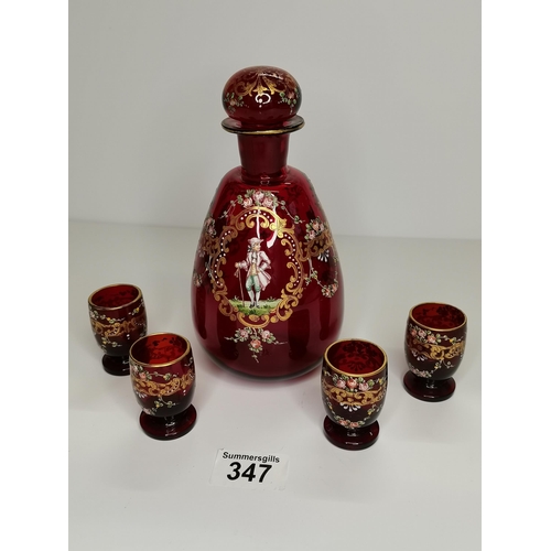 347 - x1 Red glass decanter with x4 matching liquor glasses