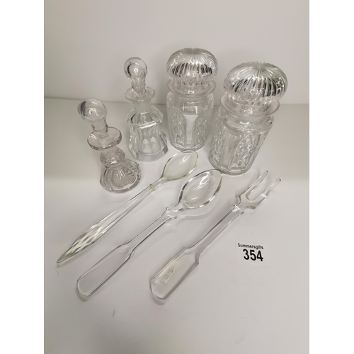 354 - 4 x cut glass jars with stoppers plus glass salad servers