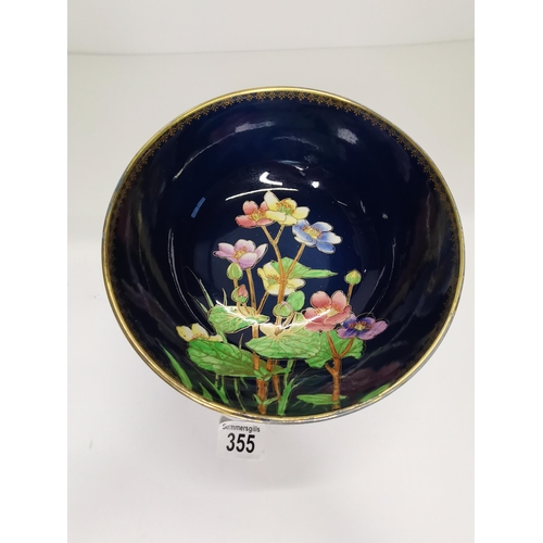 355 - Crown Devon blue bowl with flowers (slight hairline crack)  23cm diameter