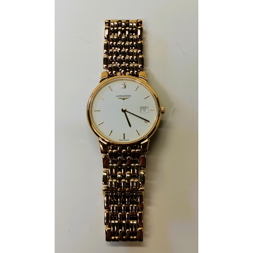 555 - Gents Longines gold plated bracelet wrist watch with white dial and date display and Swiss Quartz mo... 