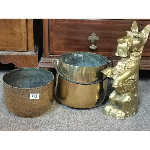 568 - Brass fire dog, brass pot and vintage INDIAN design vase