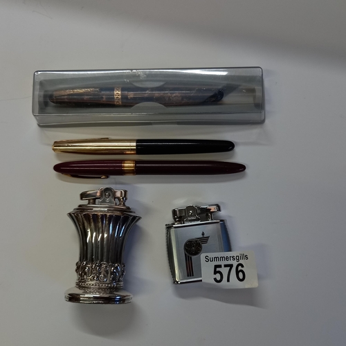576 - x2 lighters (1 Ronson lighter) and x3 fountain pens (1 parker pen in box)