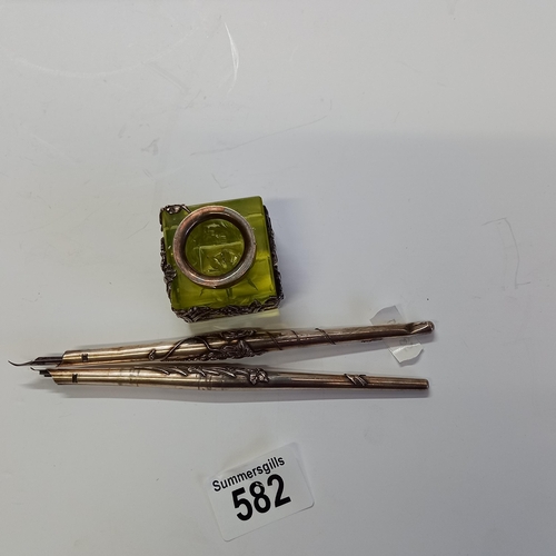 582 - Japanese Silver mounted inkwell and 2 silver ink pens