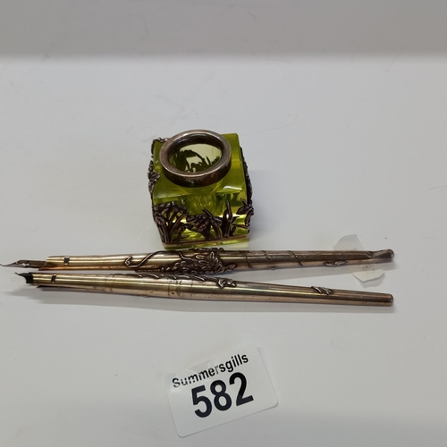 582 - Japanese Silver mounted inkwell and 2 silver ink pens