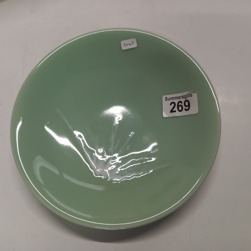 269 - 2 Green Plates with Blue Chinese Character Marks and a Blue Vase with Red Chinese Character Marks