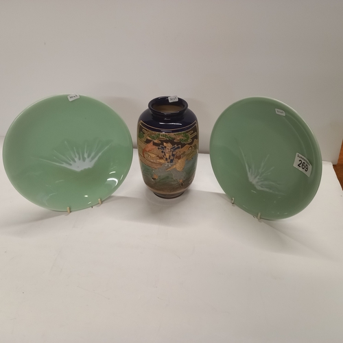 269 - 2 Green Plates with Blue Chinese Character Marks and a Blue Vase with Red Chinese Character Marks