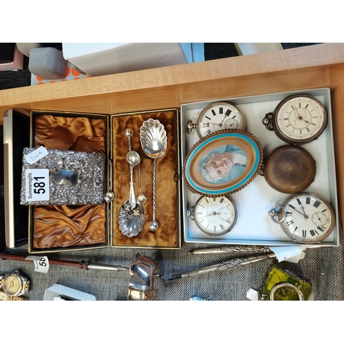 581 - Silver and plated pocket watches, silver plated spoons and silver card holder