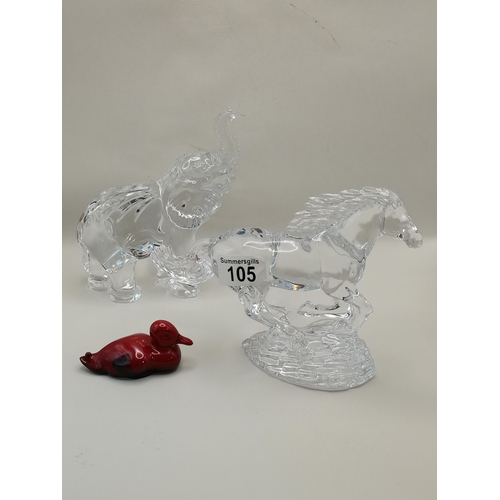 105 - Waterford Chrystal Elephant (slight damage) and horse plus royal Doulton Flambe Duck