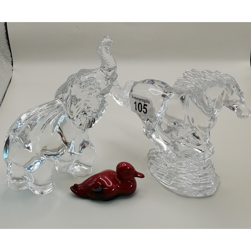 105 - Waterford Chrystal Elephant (slight damage) and horse plus royal Doulton Flambe Duck