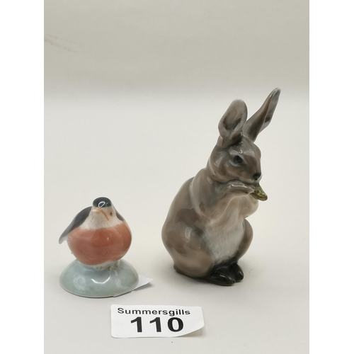 110 - x2 Royal Copenhagen figures Rabbit/Hare eating lettuce No 1019 & A Robin No 2238.