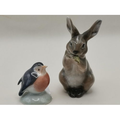 110 - x2 Royal Copenhagen figures Rabbit/Hare eating lettuce No 1019 & A Robin No 2238.