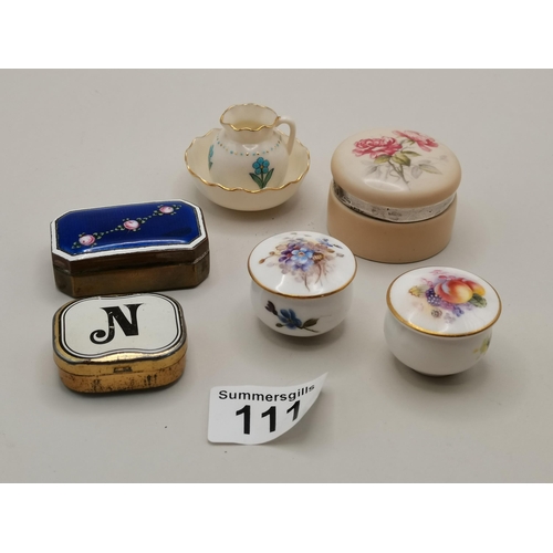 111 - x2 Royal Worcester vintage mini patch pots painted with flowers and fruit with pink stamps. x1 Frenc... 