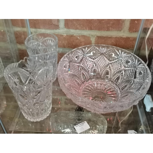 113 - Cut glass fruit bowl L33cm plus large collection of Crystal vases etc