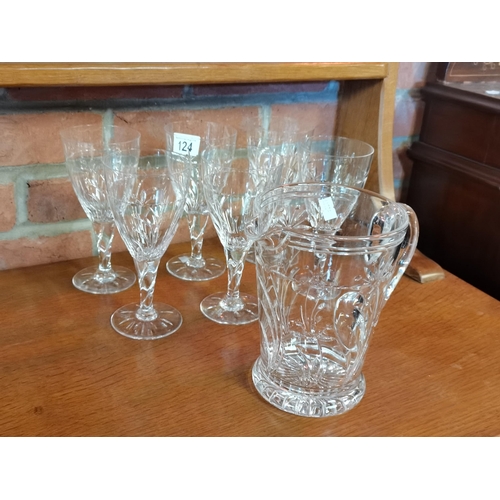 124 - Cut glass water jug and 6 glasses