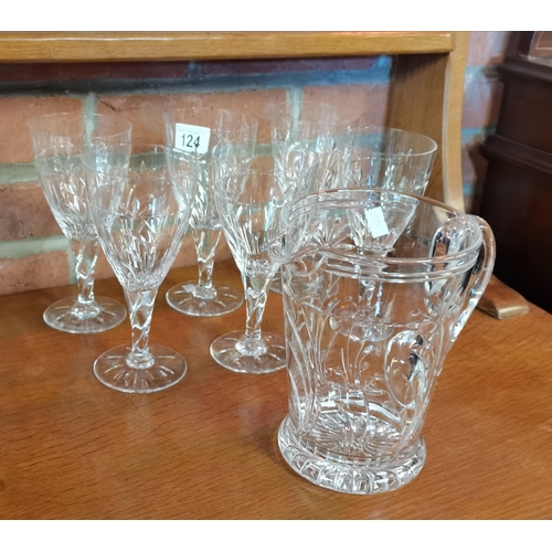 124 - Cut glass water jug and 6 glasses