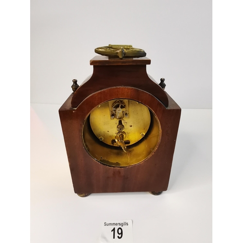 19 - Inlaid Mahogany Mantle Clock with Key and Ribbon decoration - H21cm