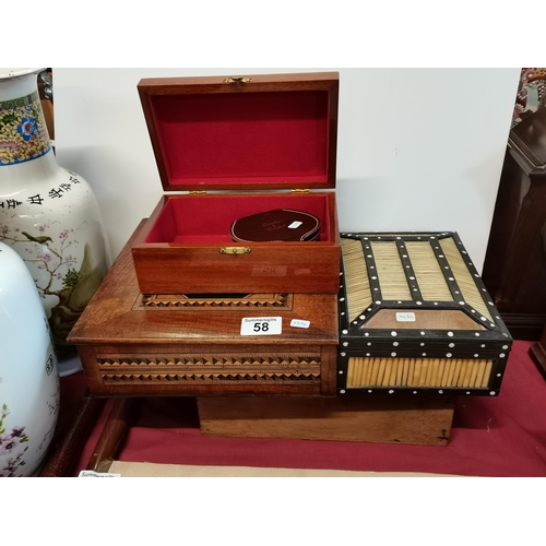 58 - x3 wooden boxes plus x1 Antique Indian Porcupine Quill box