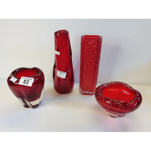 83 - X3 Red Glass vases plus x1 Red Glass Bowl