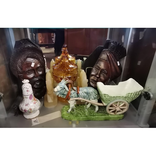 97 - Amber glass Bon bon jar, Goat and cart figurine, plus others