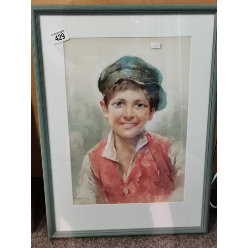 429 - A top quality watercolour of a young boy signed