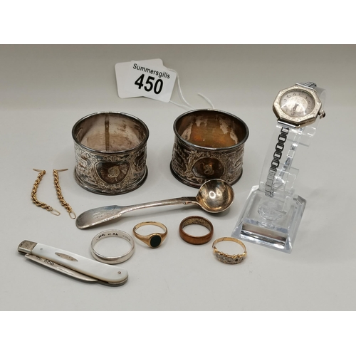 450 - Miscellaneous gold and silver items including rings, napkin rings etc