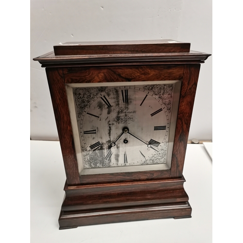 36 - Antique Rose wood Mantle clock with Key silvered dial and by Plowman of Chichester maker - H43cm X W... 