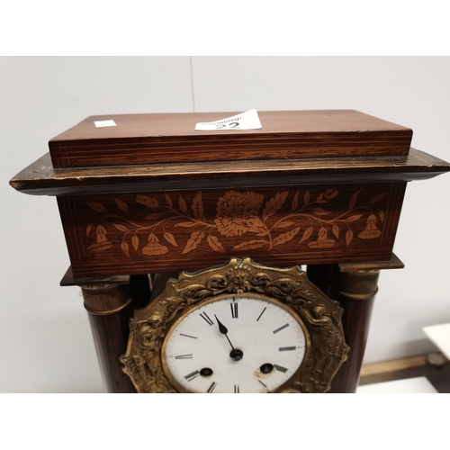 22 - French inlaid Portio Mantle Clock - Damage to face and rear foot. Hand missing. With Key