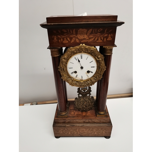 22 - French inlaid Portio Mantle Clock - Damage to face and rear foot. Hand missing. With Key