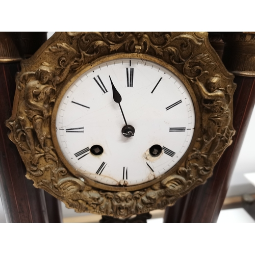 22 - French inlaid Portio Mantle Clock - Damage to face and rear foot. Hand missing. With Key