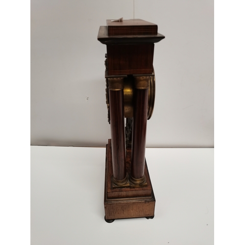 22 - French inlaid Portio Mantle Clock - Damage to face and rear foot. Hand missing. With Key