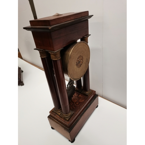 22 - French inlaid Portio Mantle Clock - Damage to face and rear foot. Hand missing. With Key