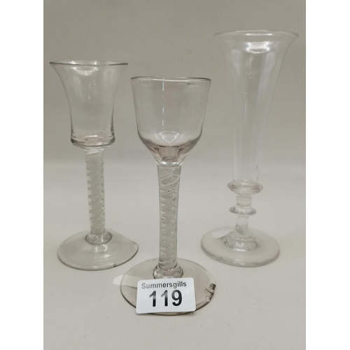 119 - x2 Antique Glass opaque twist wine glasses plus Early 19th C champagne flute. ( the 2 twist glasses ... 