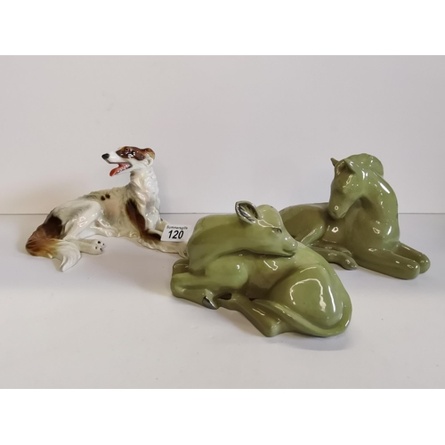 120 - Goldscheider style Russian Wolfhound plus x2 1950s signed Mary Mitchell Smith figurines (Cow and Hor... 