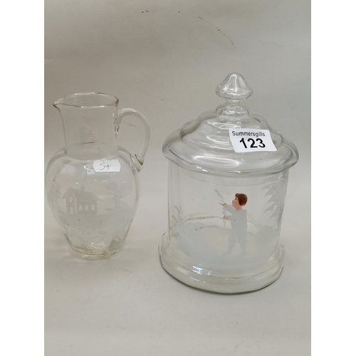 123 - Mary Gregory clear glass jug H17cm  and Bon Bon Jar H20cm