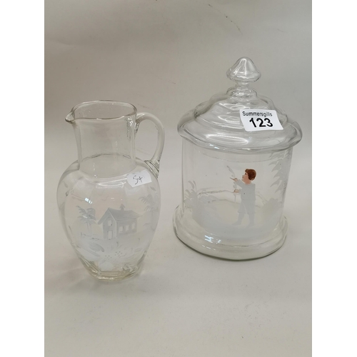 123 - Mary Gregory clear glass jug H17cm  and Bon Bon Jar H20cm