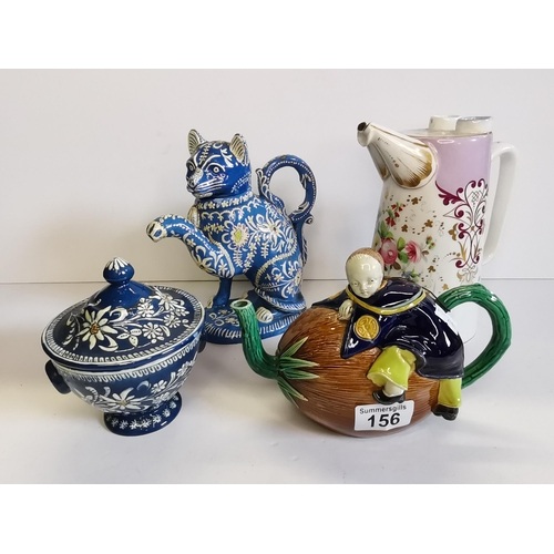 156 - Antique Joseph Holdcroft Majolica Teapot of Chinese boy on a coconut, plus 2 other teapot and sugar ... 