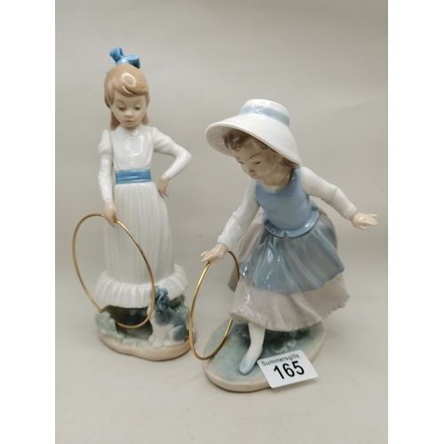 165 - A pair of Nao figurines - Girl training her dog and Girl pushing a hoop