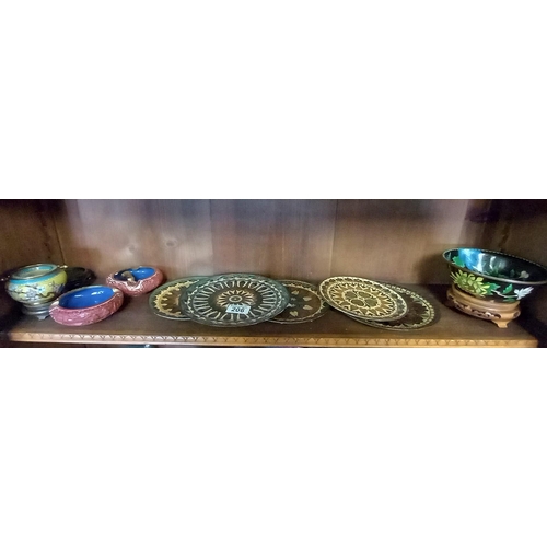 206 - Cloisonne items - 5 plates, oriental bowl and pot on wooden stands, plus 2 x Chinese carved red lacq... 