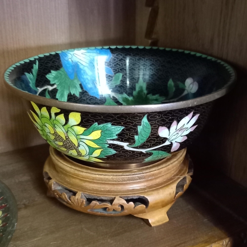 206 - Cloisonne items - 5 plates, oriental bowl and pot on wooden stands, plus 2 x Chinese carved red lacq... 