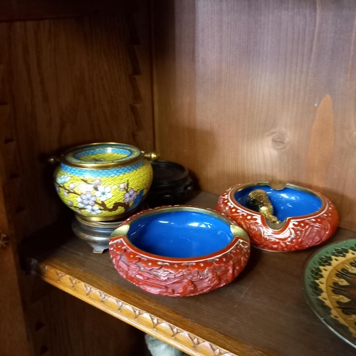 206 - Cloisonne items - 5 plates, oriental bowl and pot on wooden stands, plus 2 x Chinese carved red lacq... 