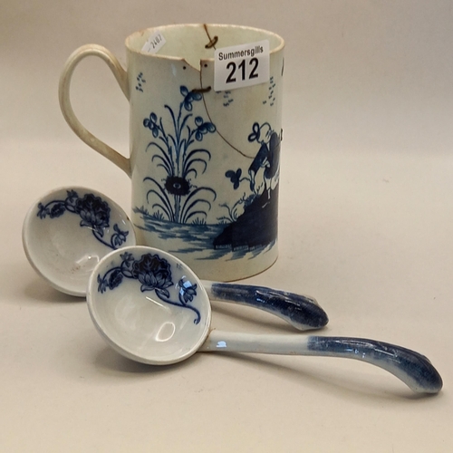 212 - x2 Japanese tureen ladles plus large early Worcester blue and white mug a/f