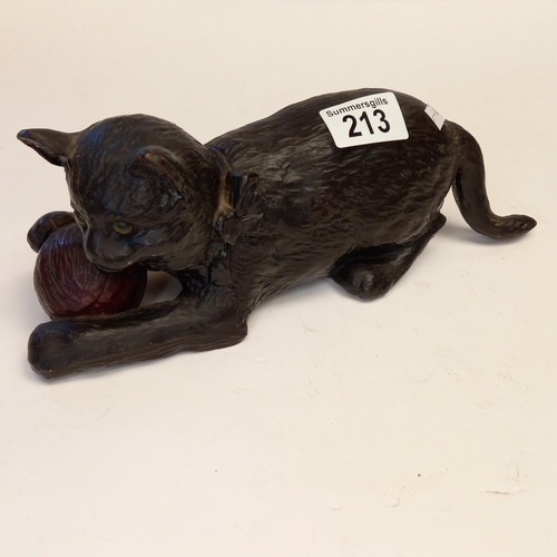 213 - Early 20th C Bretby Pottery black cat with yarn ball figurine