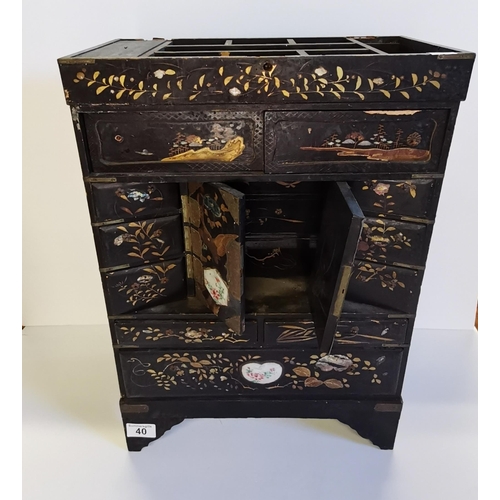 40 - Antique Japanese black Lacquer Table Jewellery Cabinet H53cm x W36cm